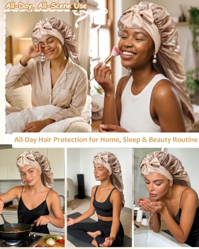 AWAYTR Long Satin Bonnet for Braids - Double Layer Sleep Cap, Champagne, One Size