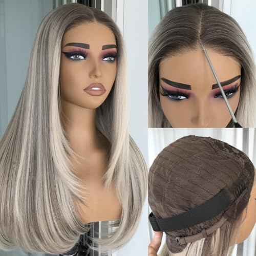 Pre Cut No Glue Lace Wig Ash Blonde Wear and Go Glueless Synthetic Lace Front Wig for Women with Bangs Layered Straight Wigs Pre Plucked Highlight Dirty Blonde Wig 3 Seconds to Wear 20Inch
