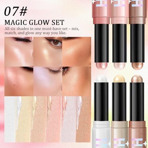 Shimmer Highlighter Stick Set, 6 Colors Waterproof Glow Pen