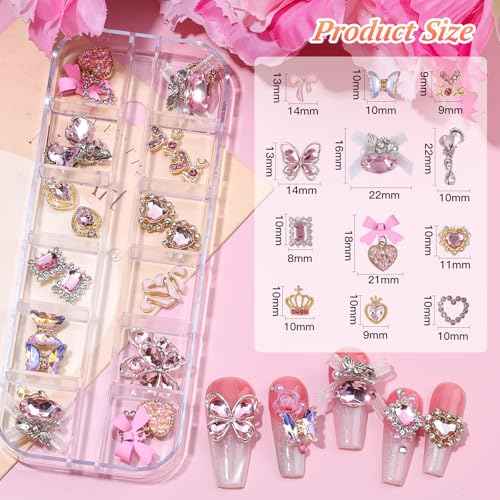 5 Boxes 3D Nail Charms Set,24Pcs Y2k Alloy Nail Art Rhinestone Charms 3D Bow Flower Crown Heart Star with Tweezers and Dual-end Brush for Manicure Salon DIY Crafts,Face Makeup Gems Jewels (Pink)