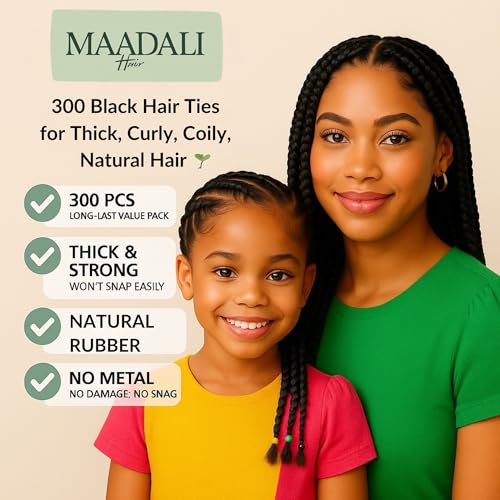 Black Hair Ties - Small Strong Rubber Bands for Thick Curly Afro Hair - 300 Pack - No Breakage, Gentle on Hair - MAADALI