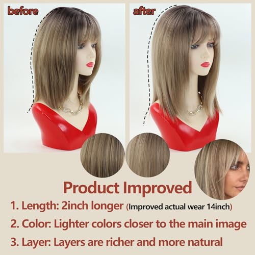 Ombre Blonde Bob Wig with Bangs 14" Layered Straight Synthetic