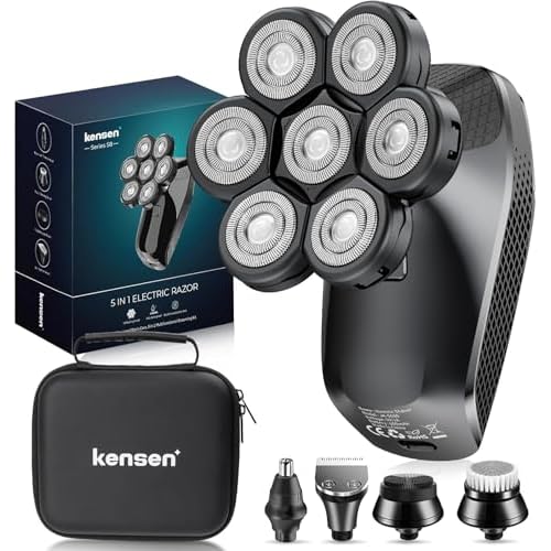 7D Head Shavers for Bald Men - 5 in 1 kensen Electric Head Hair Shaver, Head Electric Razor with Nose Hair & Beard Trimmer Cordless IPX6 Waterproof Wet Dry LED Display Travel Case