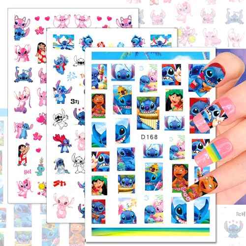 12 Sheets Blue Monster Nail Stickers Decals 3D Cartoon Pink Blue Animal Self Adhesive Nail Design Stickers Supply Cute Blue Animal Flowers Heart Nail Decals for Women Girls and Kids DIY Manicure