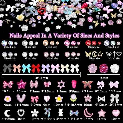 2 Boxes 3D Nail Charms Set, 8 Colors Nail Bows Charms, Multi Color Bow Flower Butterfly Moon Heart Pearls Acrylic Nail Art Charms, Nail Charms and Gems, Nail Art Pearl Rhinestones for Nail Art DIY