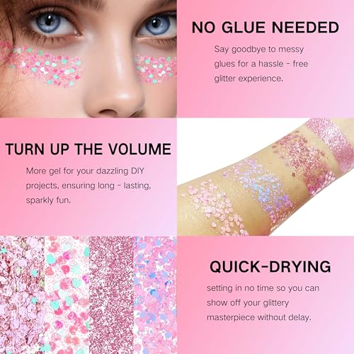 Pink Face Glitter Gel - Mermaid, Festival & Halloween Makeup, 40g, Self-Adhesive Body & Hair Sparkle - Pink Variation