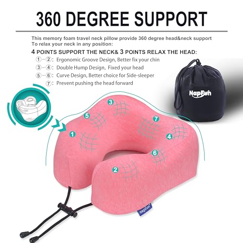 napfun Neck Pillow for Traveling, Upgraded Travel Neck Pillow for Airplane 100% Pure Memory Foam Travel Pillow for Flight Headrest Sleep, Portable Plane Accessories, Rose