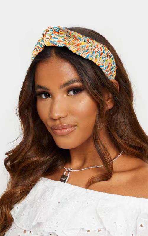 FEDANS Knotted Wide Headbands Raffia Headband Colorful Weave Fashion Holiday Hairband Summer Elastic Stretch Top Knot Hair Accessory For Women Girls