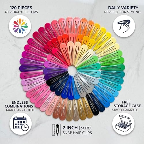 120 Pack Colorful Metal Snap Hair Clips - 40 Assorted Colors