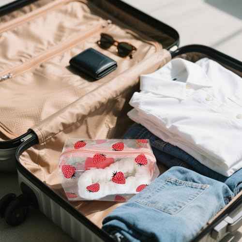 Clear Makeup Bag, Small Clear Toiletry Bag for Travel, Cosmetic Makeup Organizer Bags with Zipper, Plastic PVC Pouch Transparent Zip for Purse Reusable TSA Approved Quart Size (Strawberry)