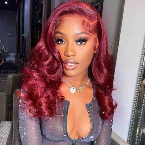 Burgundy Lace Front Wigs Human Hair Bob Wig Human Hair 99J 13x4 Body Wave Lace Front Wig Pre Plucked Short Body Wave Bob Wig 200% Density Wine Red Wigs Human Hair for Women 14 Inch