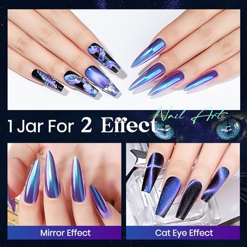 MIZHSE 9D Cat Eye Chrome Nail Powder Mirror Effect Blue Magnetic Glitter Pigment Powder for Gel Nails Chameleon Cateye Magic Galaxy Nail Art Powder with Magnet