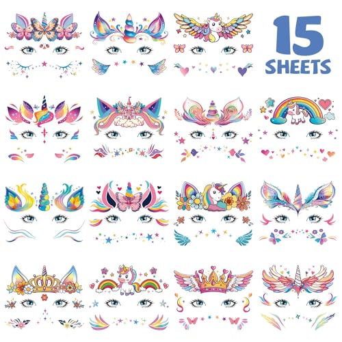Face Temporary Tattoos for Girls - 15 Sheets Party Pack