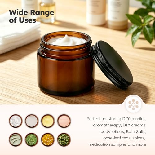 2 oz Amber Glass Jars with Black Lids, 6 Pack