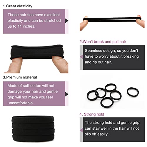 100PCS Black Hair Ties for Women, No Crease No Damage, Seamless Cotton Bands for Thick Thin Hair, Soft Ponytail Holders, Accessories for Girls