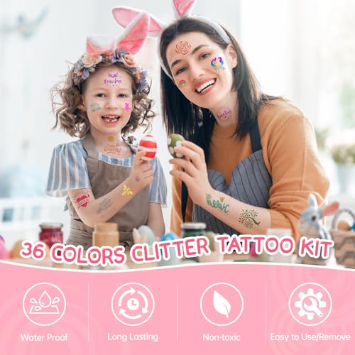 Temporary Glitter Tattoo Kit for Kids - 220 Stencils, 36 Colors