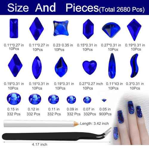 2680Pcs Royal Blue Nail Rhinestones Gems, 120pcs Multishapes Cobalt Blue Glass Big Nails Gem Stones with Bling Flatback Round Beads, Dark Blue Clear Diamond Rhinestone for DIY Face Eyes Makeup Crafts
