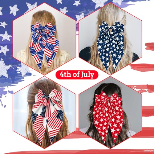 Muumoo 4th of July Hair Clips, 11.4In x 6.3In Handmade Patriotic Fable Bow Hair Accessories for Women Girls Toddlers Kids, 4 Count