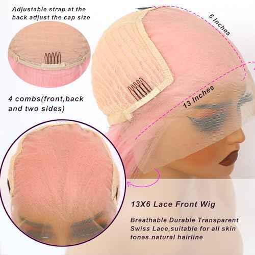 Missyvan 13X6 Pink Lace Front Wigs Long Silk Straight Baby Pink Hair Wigs Glueless Synthetic Hair Light Pink Heat Resistant Fiber Natural Hairline