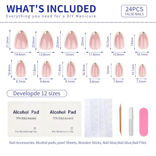 Mivota Short Pink Press On Nails with Gold French Tips - 24 Pcs