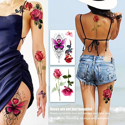 Rose Flower Temporary Tattoos for Women - 8 Sheet Set