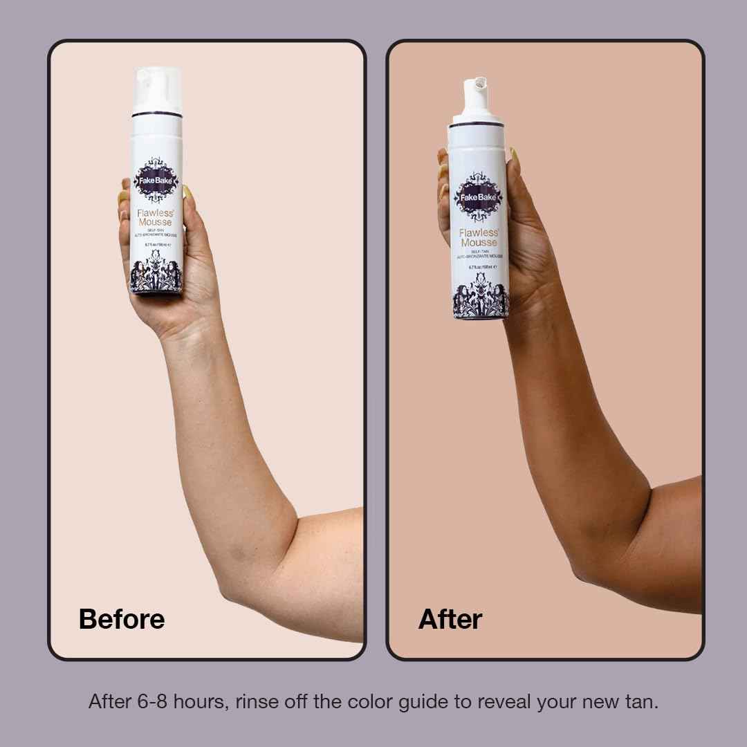 Fake Bake Flawless Self Tanning Mousse Streak-Free, Long-Lasting Natural Glow For All Skin Tones Women & Men - Sunless Tanner Includes Mitt For Easy Application, Black Coconut Scent - 6.7 oz