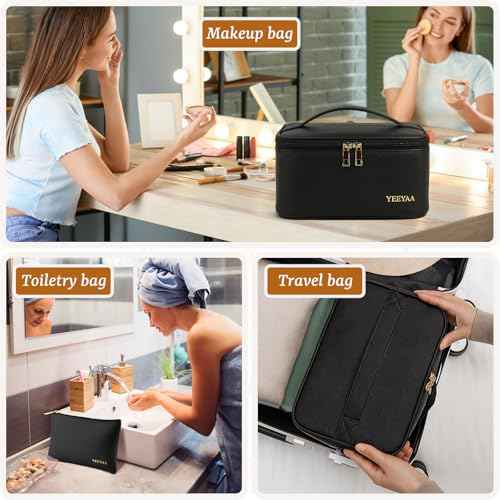 Travel Makeup Bag Toiletry Bag Waterproof Large Capacity Cosmetic Bags for Women Portable Make up Organizer Pouch With Divider Vegan Leather 2PCS Gifts for Mother Girls Black