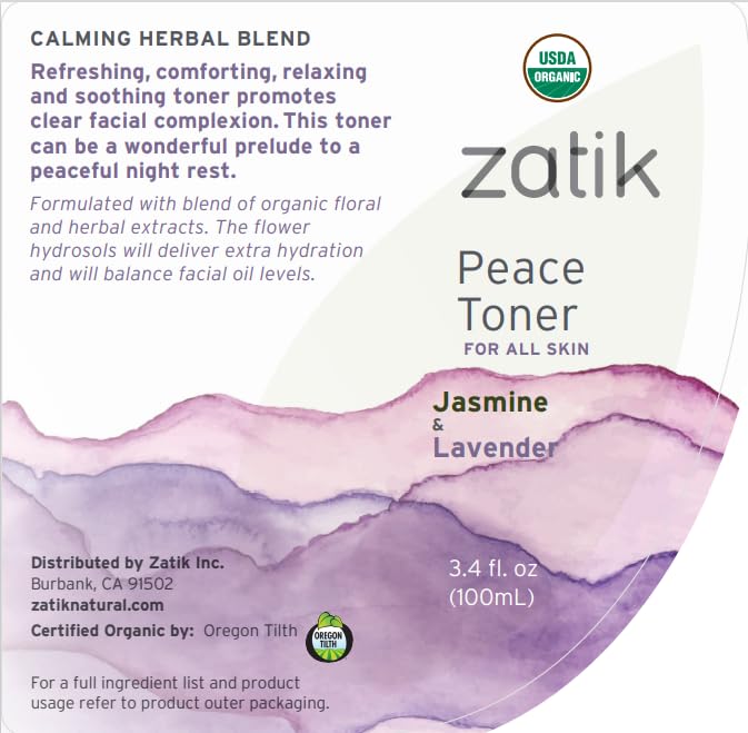 Zatik Naturals - Peace Toner with Jasmine and Lavender, USDA Organic, for All Skins, Refreshing, Comforting, Relaxing and Soothing Toner Promotes Clear Facial Complexion, 3.4 fl oz,100ml