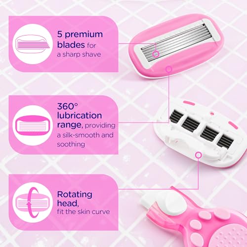 DreamGenius Women¡¯s Razor Blades Refills Include 4 Cartridges, Extra Smooth 5-Blade Travel Razor Refills for Comfort Shaving, Pink