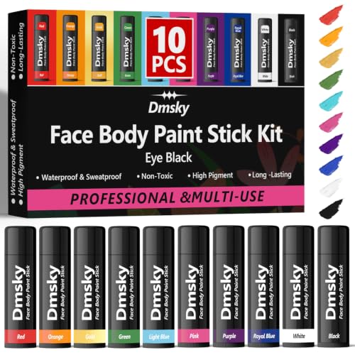 Dmsky 10 Pack Black Eye Black Sports Stick for Football, Baseball & Softball - Water-Resistant, Anti-G glare, Long-Lasting Face & Body Paint Kit with 10 Colors