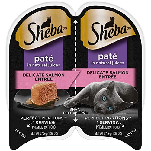 Sheba Wet Food PERFECT PORTIONS Paté Adult Wet Cat Food Trays (24 Count, 48 Servings), Delicate Salmon Entrée, Easy Peel Twin-Pack Trays , 1.32 Ounce (Pack of 48)