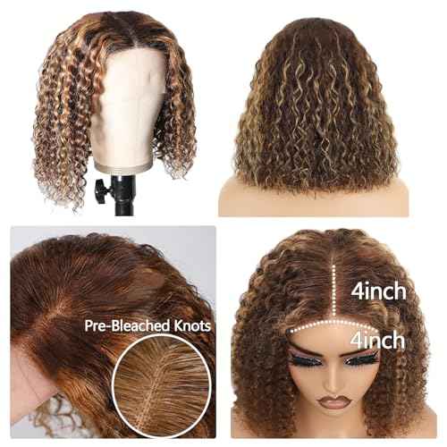 Highlight Ombre Honey Blonde Curly Bob 4x4 Lace Wig Deep Wave Wigs Pre Plucked Pre Cut Bleached Knots 10 Inch Wear And Go Glueless for Woman Pre Plucked With Baby Hair for Black Women
