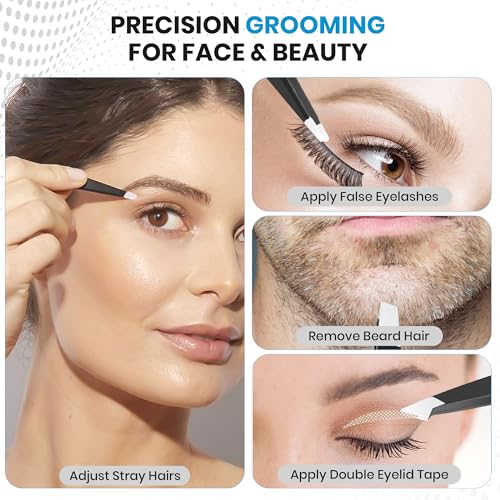 Premium Eyebrow Tweezers Set ? 4 Professional Stainless Steel Tweezers with Travel Leather Case ? Precision Tip, Slanted, Pointed & Flat Tweezers for Eyebrow Shaping, Ingrown Hair & Splinter Removal