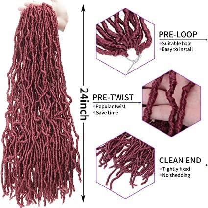 9Packs Nu Locs Crochet Hair Braids Long Soft Locs 24inch Crochet Hair Pre-looped Goddess locs Curly wave Synthetic Hair for Black Women (Burgundy, 24)