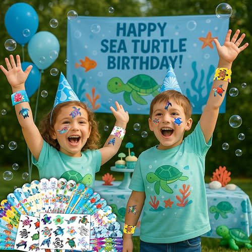 48PCS Turtle Party Set - 24PCS Temporary Tattoos & 24PCS Slap Bracelets - Ocean-Themed Birthday Supplies, Baby Shower Gifts, Classroom Rewards & Party Decor for Kids (Boys & Girls)