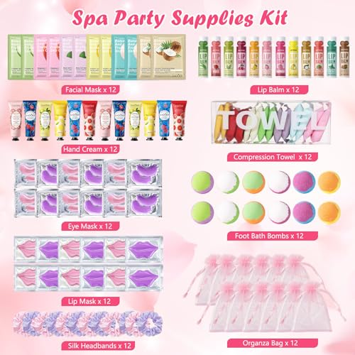 108 PCS Spa Party Supplies for Women, Spa Party Favors Include Facial Masks, Lip Mask, Lip Balm, Under Eye Patches, Foot Bath Bombs & Hand Cream, Christmas Gifts for Women Birthday Sleepover Party