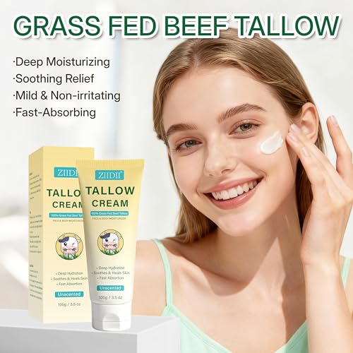 Beef Tallow for Skin, Whipped Grass Fed Beef Tallow Moisturizer, Organic Tallow Face Moisturizer Body Balm Cream, Natural Unscented Deep Nourishment for Dry Skin, 3.5oz
