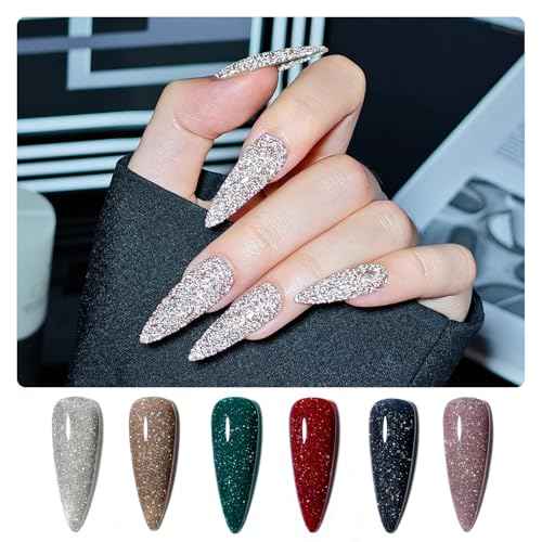 GAOY Reflective Glitter Gel Nail Polish Set for 6 Colors Including Pink Silver Red Green Colors Holographic Gel Polish Kit for Salon Manicure and Nail Art DIY at Home