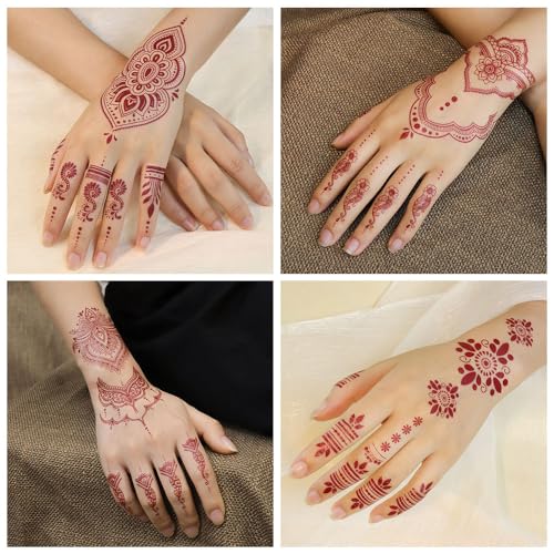 18 Sheets Traditional Henna Temporary Tattoo Stickers, Brown, Waterproof, Wedding Party Design with Peacock and Lotus Patterns, Body Art
