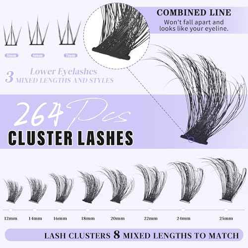 Lash Clusters with Bottom Lashes Thick 200D Volume Individual Lashes 12-25mm Wispy Eyelash Clusters D Curl Cluster Eyelash Extensions 264pcs DIY Lash Extension for Beginners