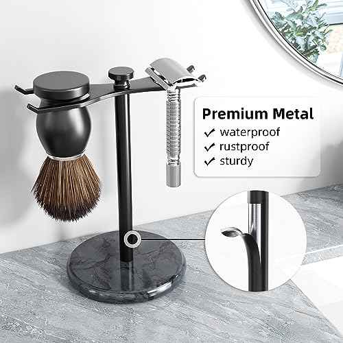 pickpiff Safety Razor Stand with Brush Holder, Marble Base with Black Metal Holder Heavy Duty, Extra Wide Openings, Fits Most Brushes and All Kinds Of Razors