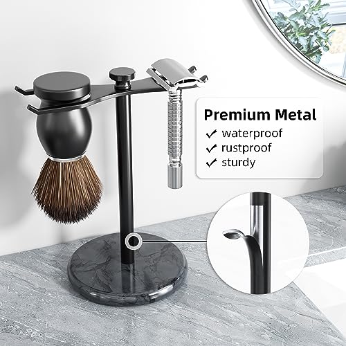 pickpiff Safety Razor Stand with Brush Holder, Marble Base with Black Metal Holder Heavy Duty, Extra Wide Openings, Fits Most Brushes and All Kinds Of Razors