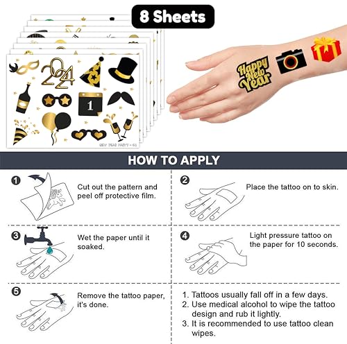 New Year Eve Temporary Tattoos - 8 Sheets, 99 Designs, Party Favors