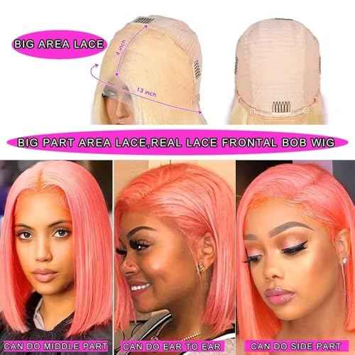 PANDA ANGEL 13x4 Pink Bob Wig Human Hair Pink Straight Bob Wigs Human Hair Wear and Go Glueless Wig Human Hair Bob Lace Front Wigs Pre Plucked With Natural Hairline Short Lace Frontal Wigs for Women