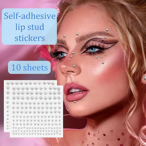 Face Gems Fake Piercings, 1650 Pcs Fake Eyebrow Piercing Y2k Accessories Nose Stud Eyebrow Stud, Non-Piercing Nose Stud with 1 Clip, Face Sticker Ring Cool Punk Y2K Makeup for Women Men, Silver