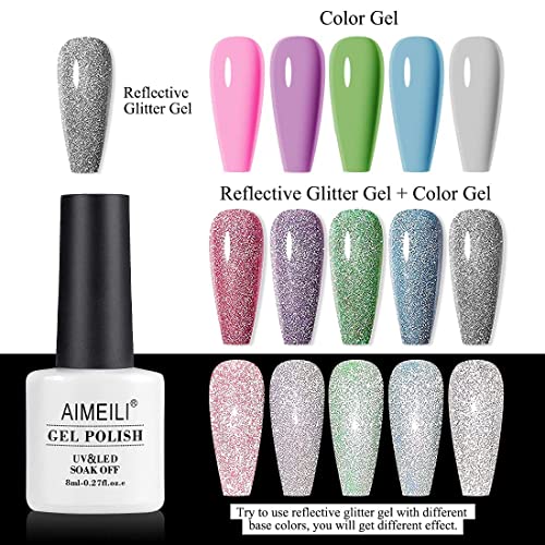 AIMEILI Reflective Glitter Gel Nail Polish, Builder Base and No Wipe Top Coat Set