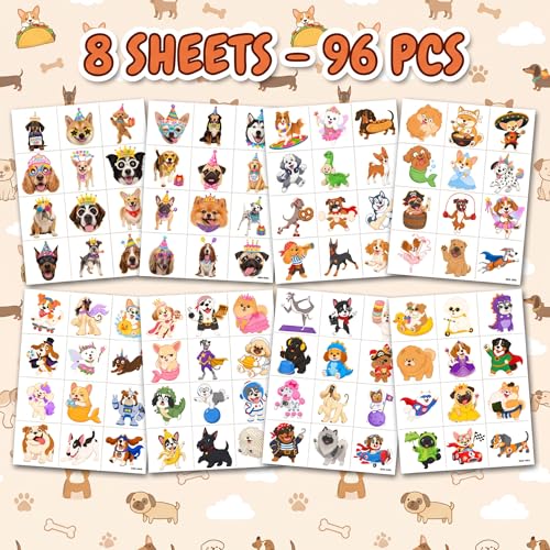 96 PCS Dog Temporary Tattoos for Kids | Waterproof Puppy Party Favors