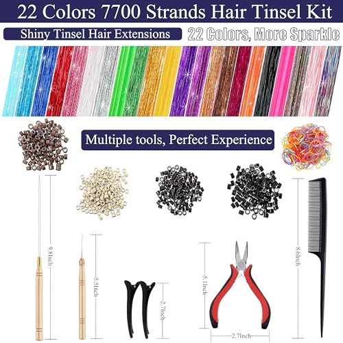 Hair Tinsel Kit 22 Colors 7700 Strands 48 Inch Extensions