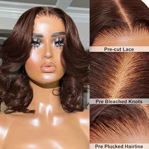 Chocolate Brown Lace Front Wig Wear And Go 9x6 Glueless Wigs Human Hair Pre Plucked Pre Cut 200% Density Brown Wig 16Inch Loose Body Wave Human Hair Short Dark Brown Loose Wave Wig For Women