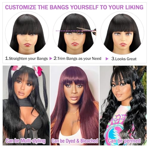 CORDELIA Glueless Wigs Human Hair with Bangs Straight Human Hair Wig with Bangs 150% Density None Lace Front Wigs for Black Women 22inch
